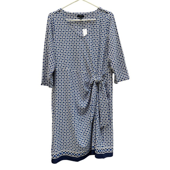 Talbots Plus V-Neck Faux Wrap Shift Dress Blue White Geometric Print Women X NWT - Picture 2 of 9